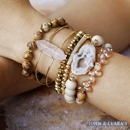 Natural Druzy Picture Jasper & Rose Quartz Bracelet Set