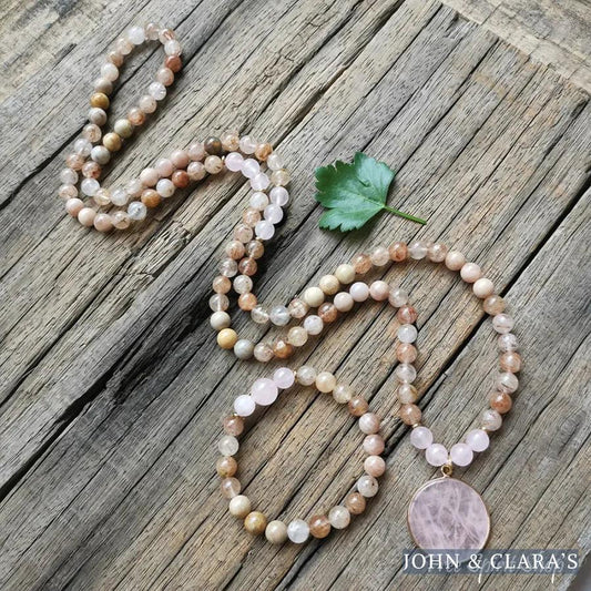 108 Natural Sunstone Rutilated Quartz & Rose Quartz Mala Bead Necklace / Bracelet