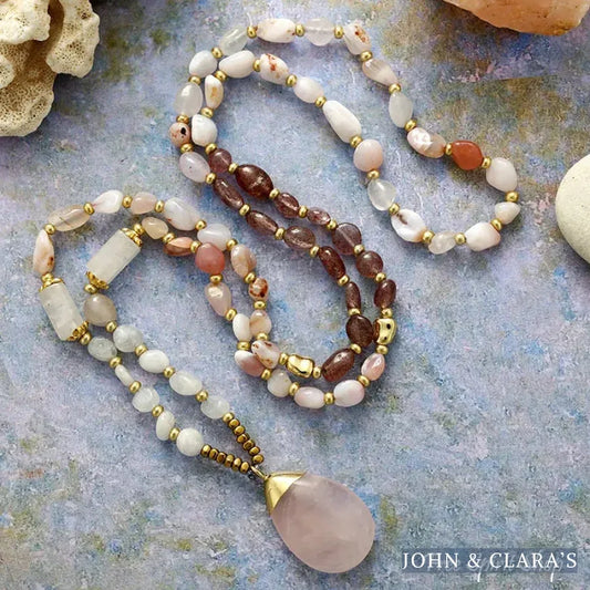 Natural Rose Quartz, Strawberry Quartz & Jade Beaded Necklace