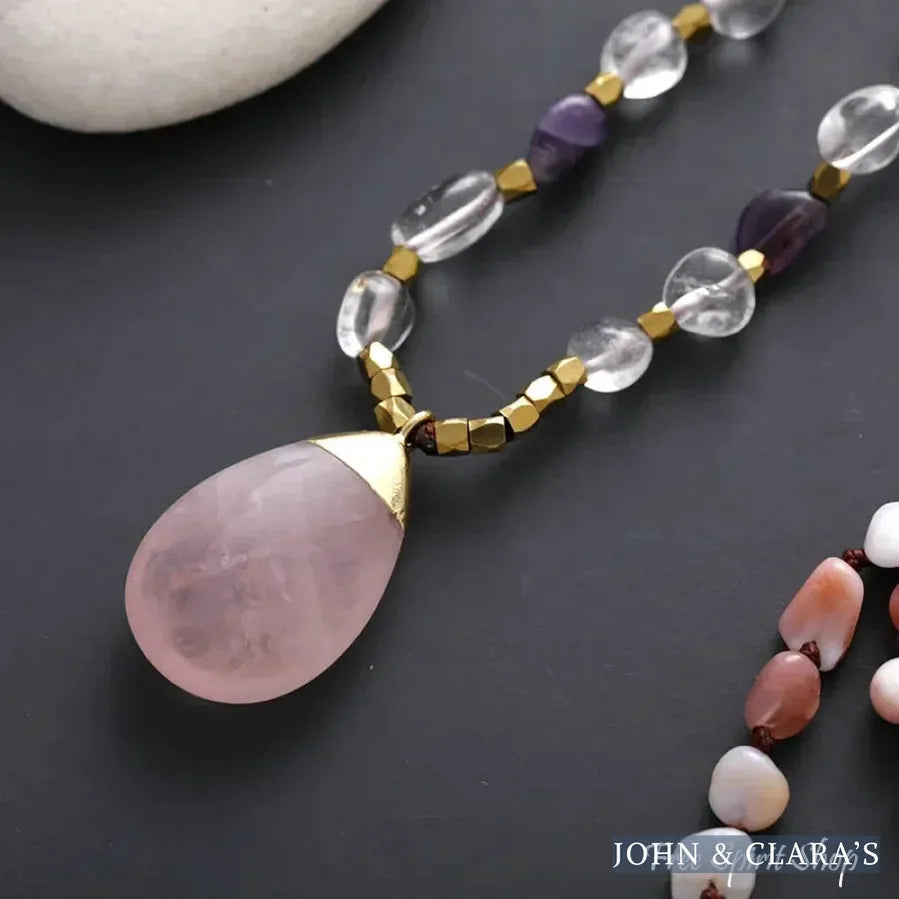 Natural Pink Opal Amethyst & Rose Quartz Gemstone Necklace