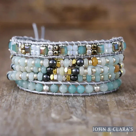 Natural Amazonite & Hematite Multi-Row Beaded Wrap Bracelet