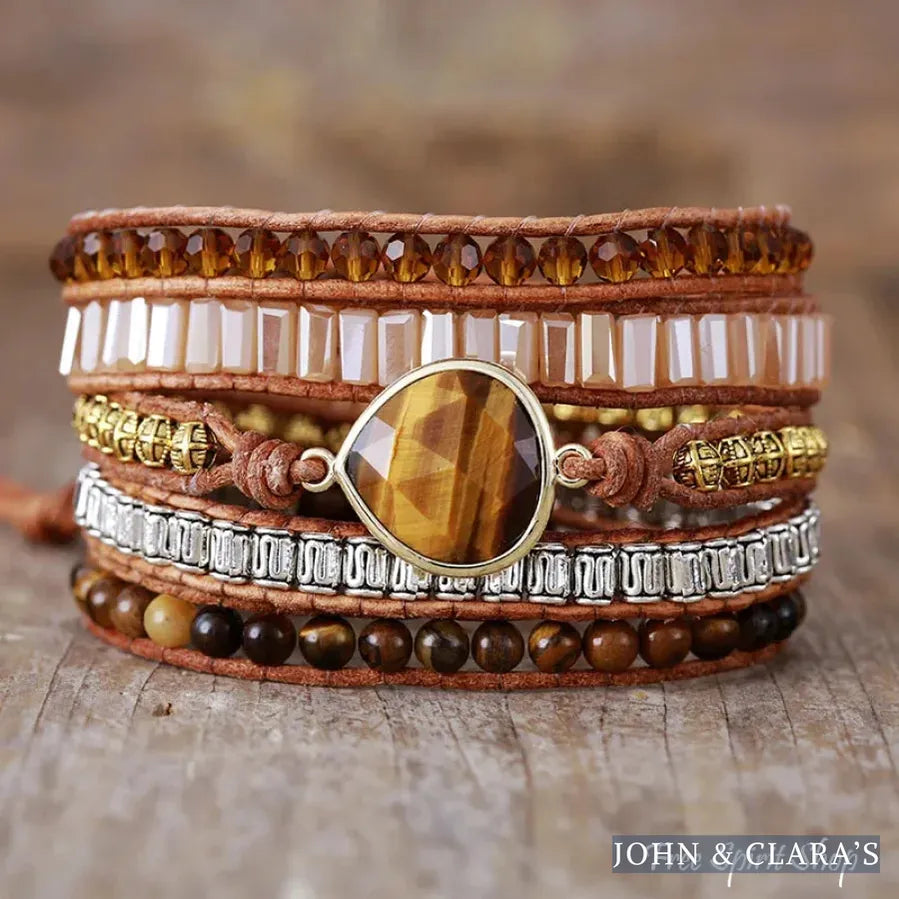 Natural Tiger Eye & Brown Bead Wrap Bracelet