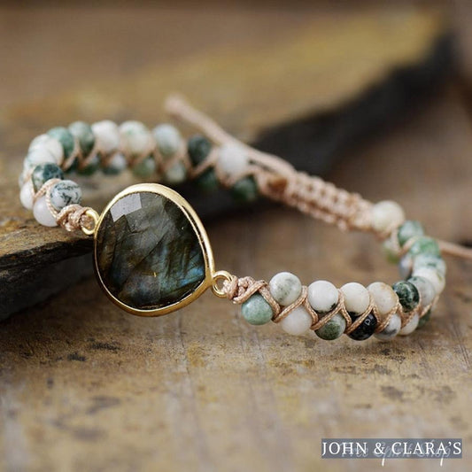 Natural Tree Agate & Labradorite Braided Bead Bracelet