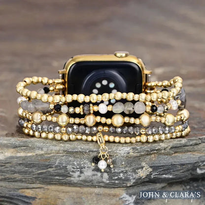 Gray Crystal Beaded Apple Watch Band with Clover Charm
