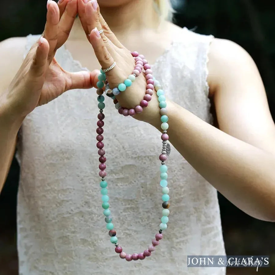 Natural Amazonite & Rhodonite 108 Bead Mala Bracelet