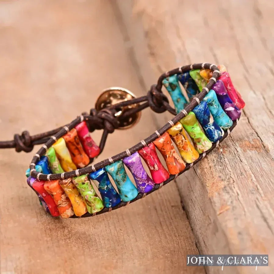 7 Chakra Jasper Tube Bead Leather Bracelet