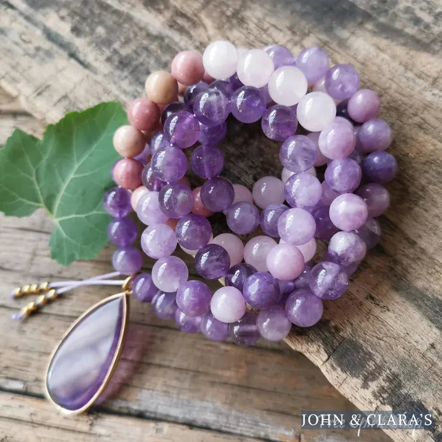 108 Natural Amethyst Rose Quartz & Rhodonite Mala Bead Necklace