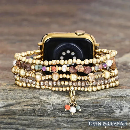 Picture Jasper Beaded Apple Watch Band with Clover Charm