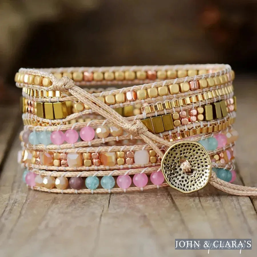 Handmade Pink Blue Bead Wrap Bracelet