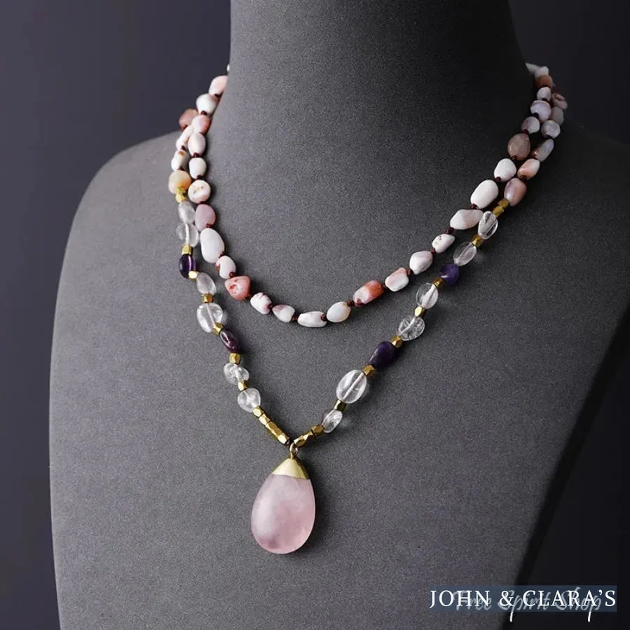 Natural Pink Opal Amethyst & Rose Quartz Gemstone Necklace