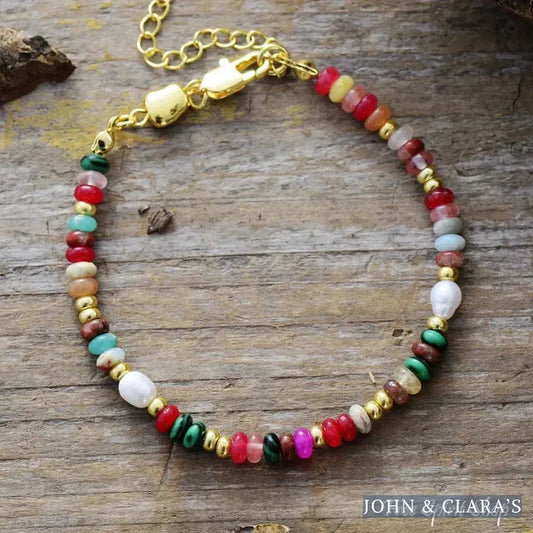 Mixed Multi-Color Natural Stone Bead & Pearl Bracelet