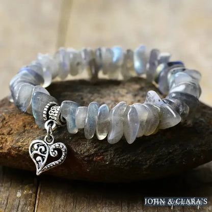 Labradorite Chip Beaded Bracelet with Heart Charm