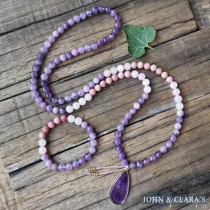 108 Natural Amethyst Rose Quartz & Rhodonite Mala Bead Necklace