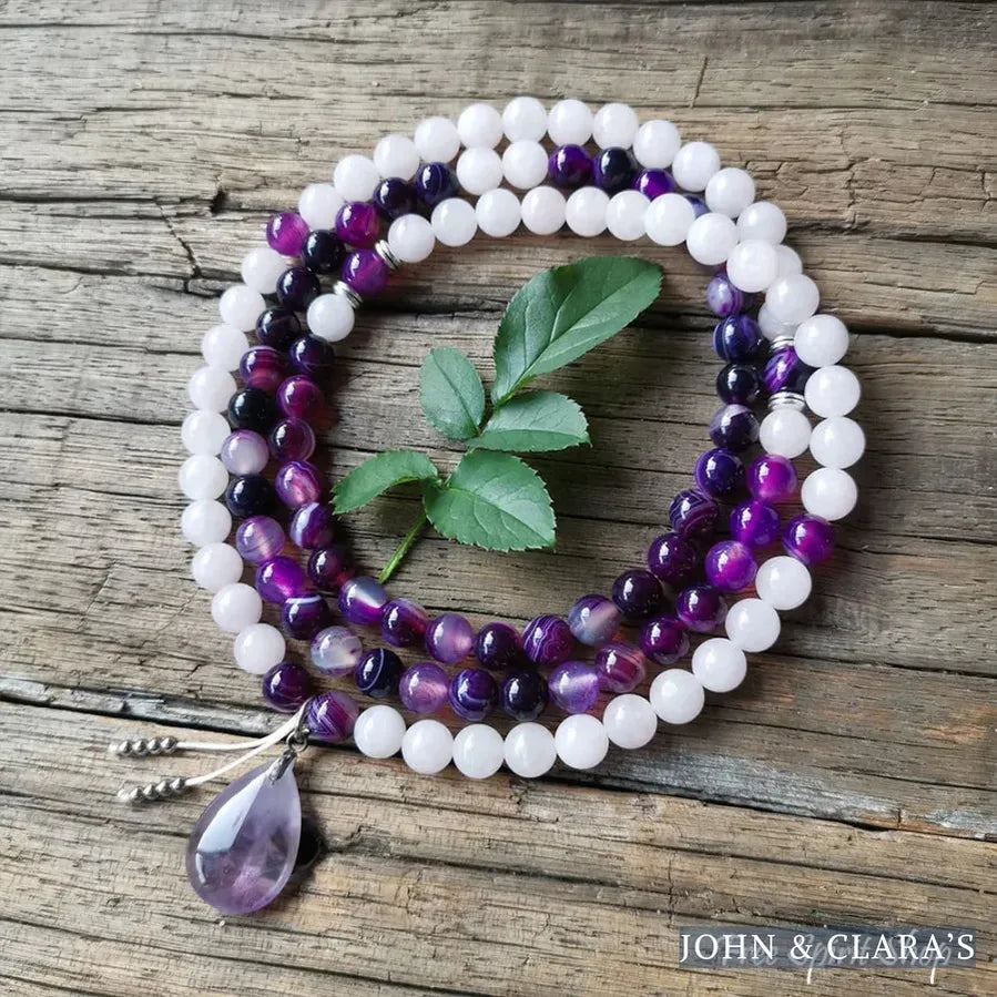 108 Purple Stripe Onyx Rose Quartz & Amethyst Mala Bead Necklace
