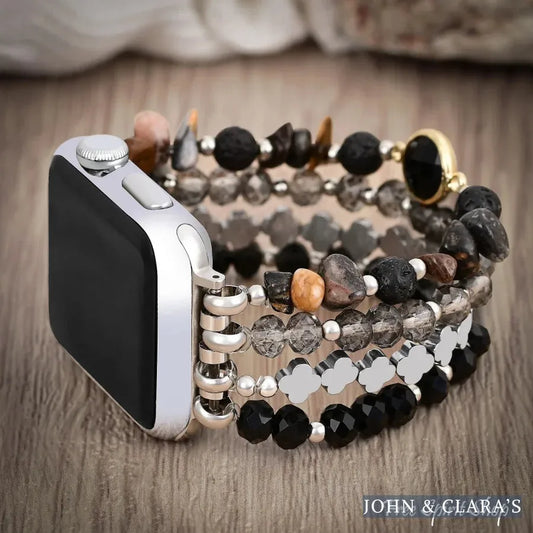 Black Moonlight Glow Beaded Apple Watch Bands with Clover Charms