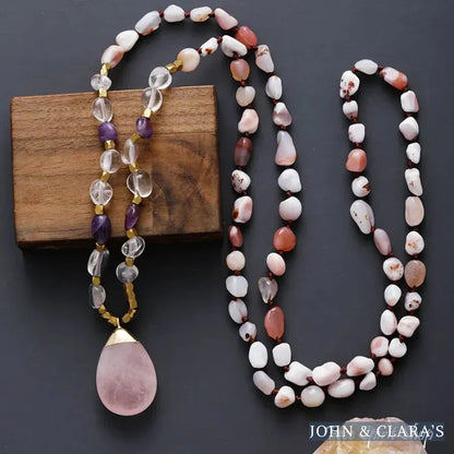 Natural Pink Opal Amethyst & Rose Quartz Gemstone Necklace