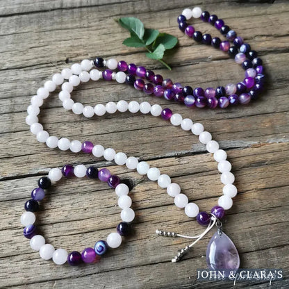 108 Purple Stripe Onyx Rose Quartz & Amethyst Mala Bead Necklace