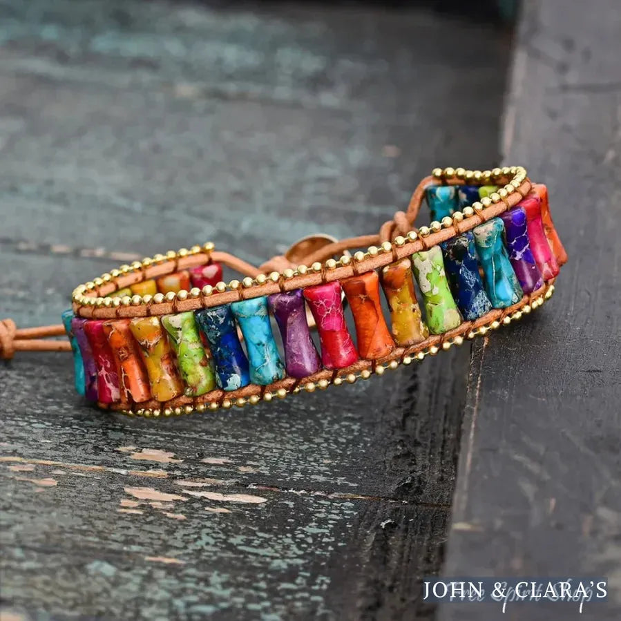7 Chakra Jasper Tube Bead Leather Bracelet