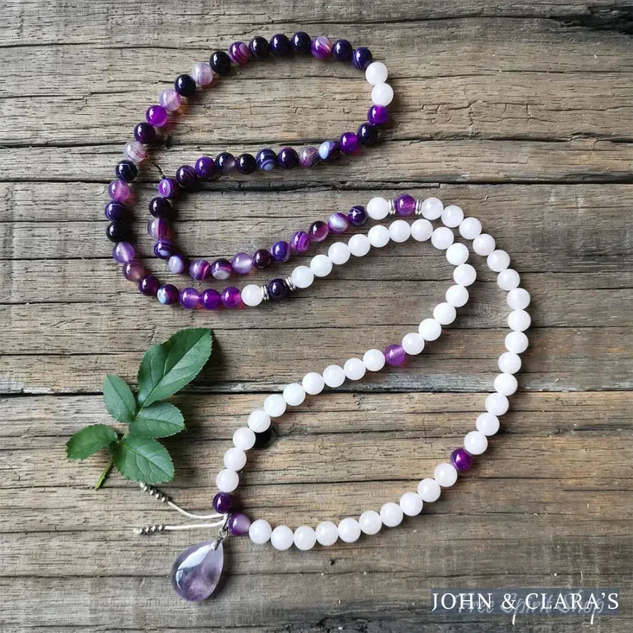 108 Purple Stripe Onyx Rose Quartz & Amethyst Mala Bead Necklace