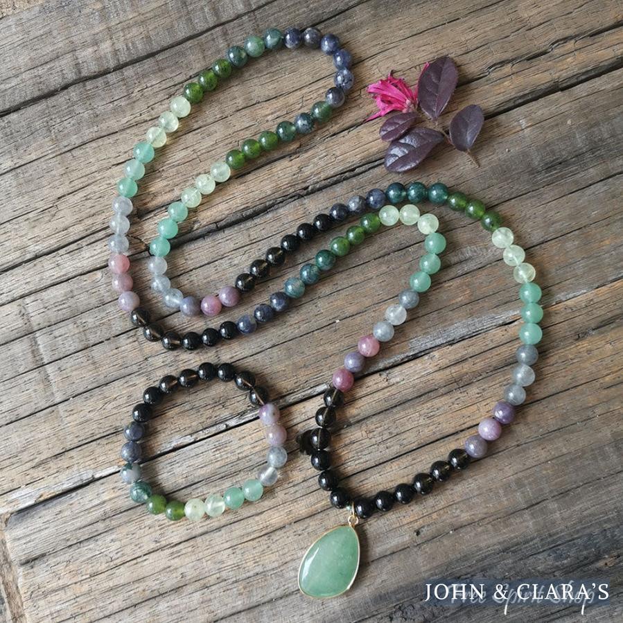 108 Natural Green Aventurine Smokey Quartz & Lepidolite Mala Bead Necklace
