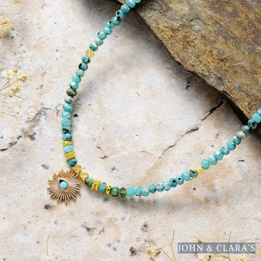 Turquoise & Sun Pendant Beaded Choker Necklace
