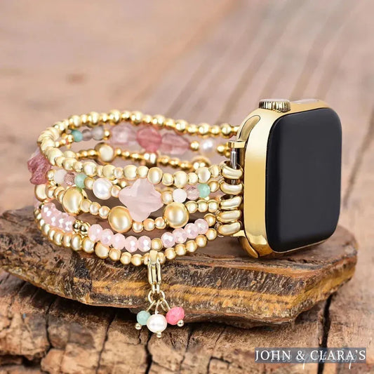 Rose Quartz Beaded Apple Watch Band with Clover Charm