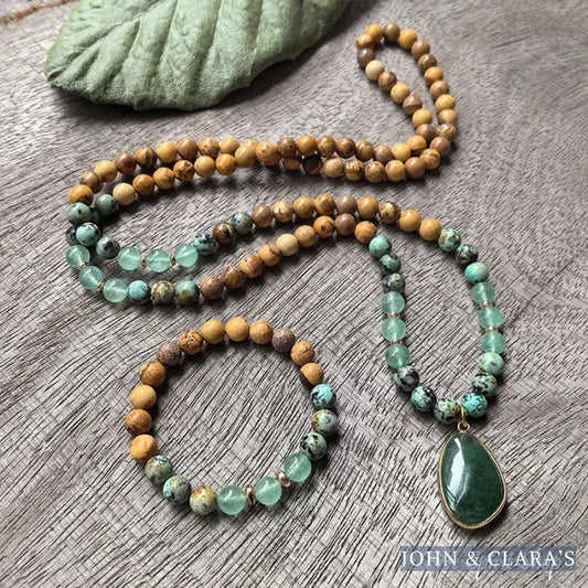 108 Natural Picture Jasper Green Quartz & African Turquoise Mala Bead Necklace
