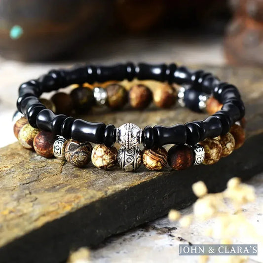 Natural Black Onyx & Picture Jasper Bracelet Set