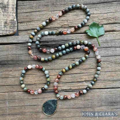 108 Natural Eagle Eye Tiger Eye & Red Quartz Mala Bead Necklace / Bracelet
