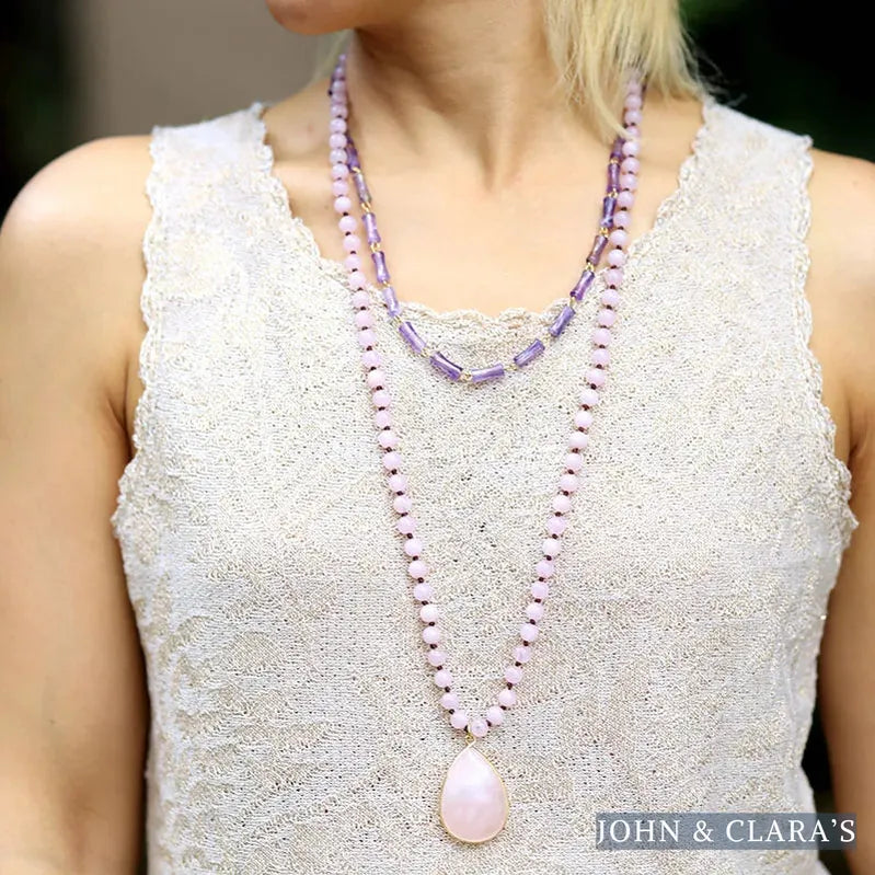 108 Natural Rose Quartz Mala Bead Necklace With Teardrop Pendant