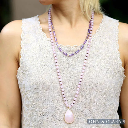 108 Natural Rose Quartz Mala Bead Necklace With Teardrop Pendant