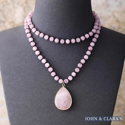 108 Natural Rose Quartz Mala Bead Necklace With Teardrop Pendant