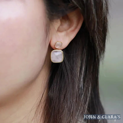 Natural Rose Quartz Square Dangle Earrings