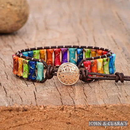7 Chakra Jasper Tube Bead Leather Bracelet