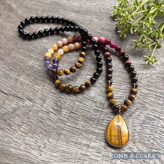 108 Natural Tiger eye, Citrine, Garrnet, Sunstone & Amethyst Mala Bead Necklace