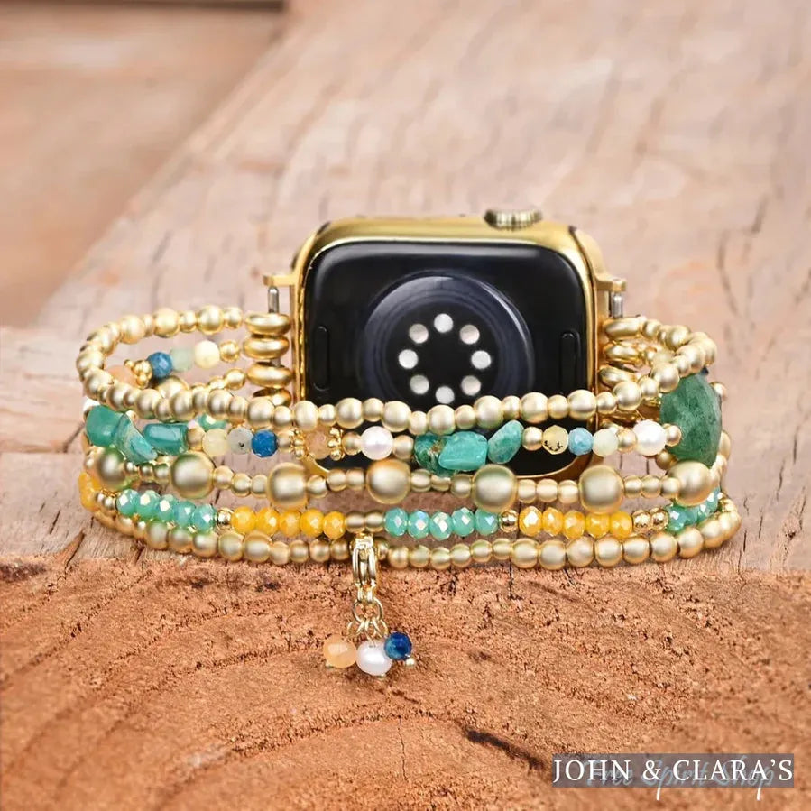 Green Strawberry Quartz Beaded Apple Watch Band with Clover Charm