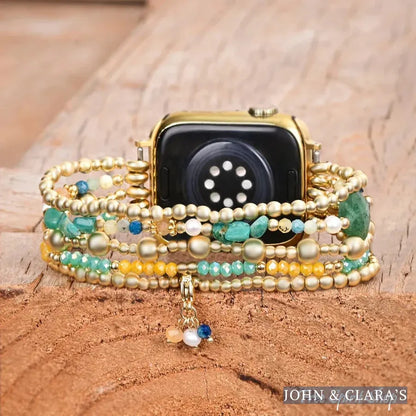 Green Strawberry Quartz Beaded Apple Watch Band with Clover Charm