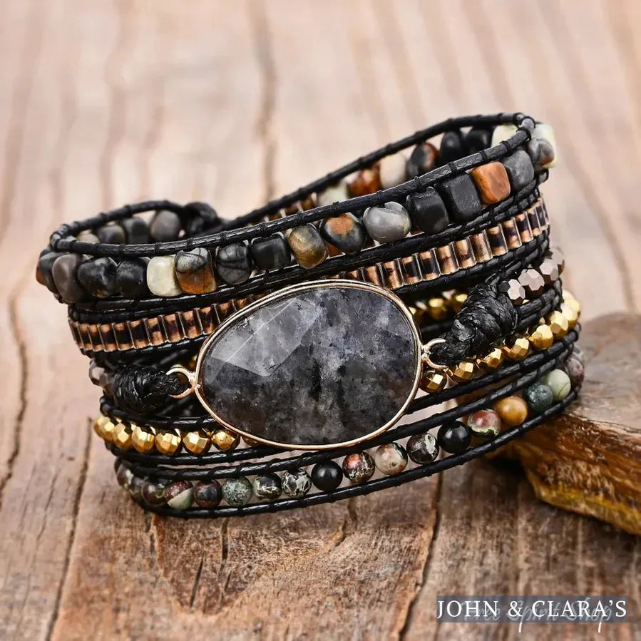 Natural Black Labradorite & Picasso Jasper Beaded Wrap Bracelet
