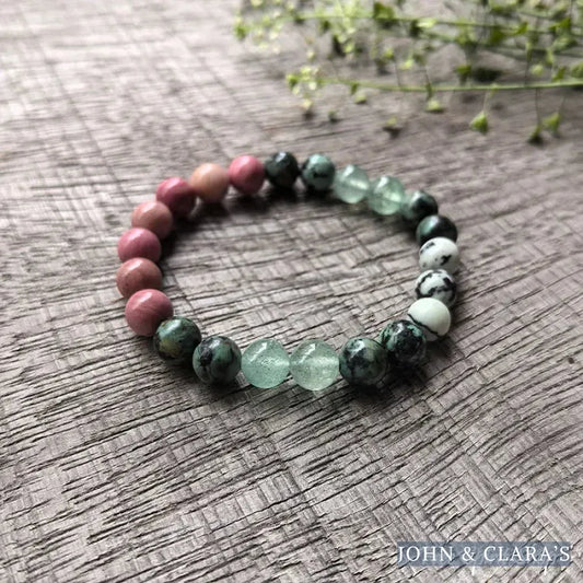 Natural Rhodonite, Green Aventurine & African Turquoise Mala Bead Bracelet