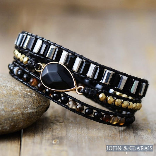 Natural Black Onyx Teardrop Wrap Bracelet