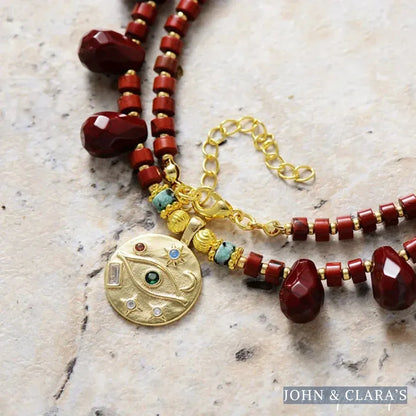 Natural Red Jasper & Egyptian Eye Charm Necklace