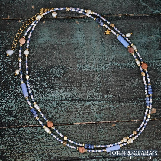 Natural Blue Sodalite Jasper & Pearl Beaded Choker Necklace