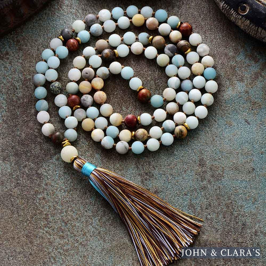 108 Natural Amazonite & Jasper Mala Bead Necklace