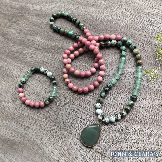 108 Natural Rhodonite, Green Aventurine & African Turquoise Mala Necklace