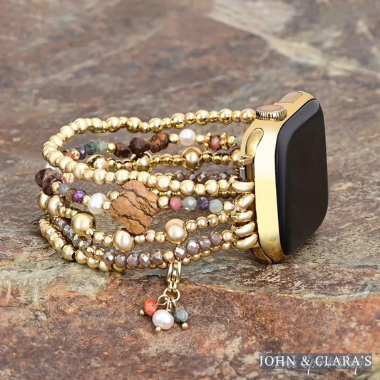 Picture Jasper Beaded Apple Watch Band with Clover Charm
