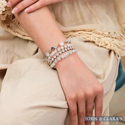 White Crystal Glow Beaded Apple Watch Band with Clover Charms