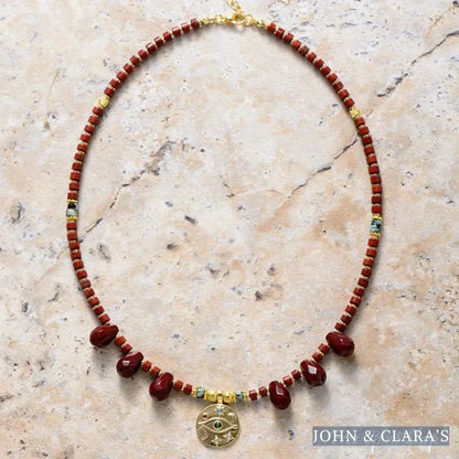 Natural Red Jasper & Egyptian Eye Charm Necklace