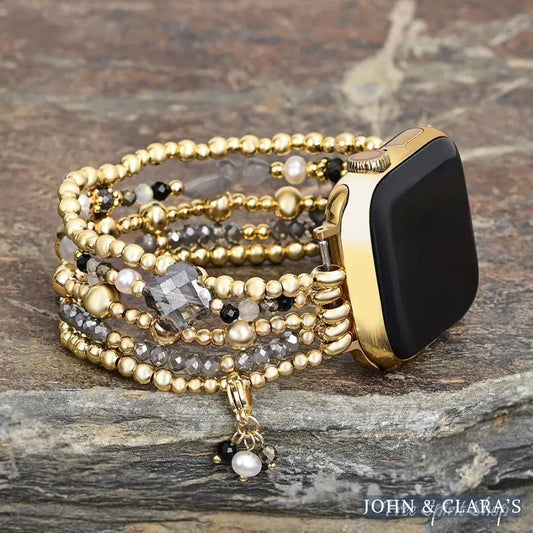 Gray Crystal Beaded Apple Watch Band with Clover Charm