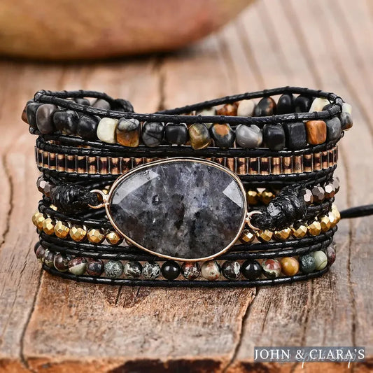 Natural Black Labradorite & Picasso Jasper Beaded Wrap Bracelet