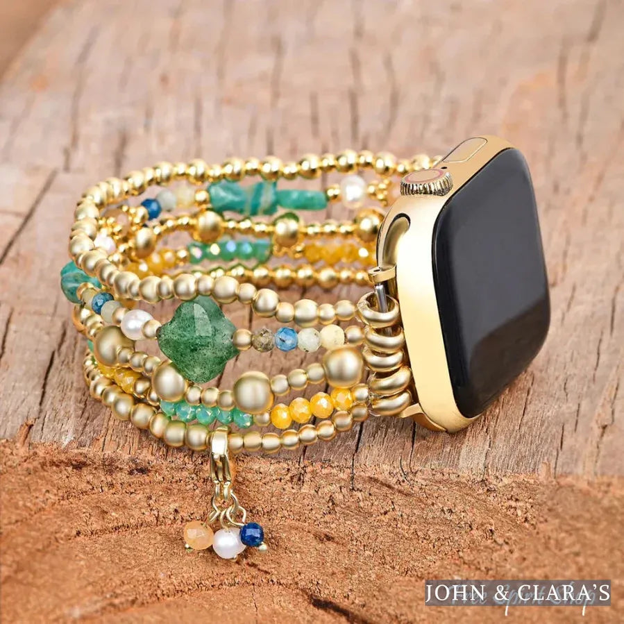 Green Strawberry Quartz Beaded Apple Watch Band with Clover Charm